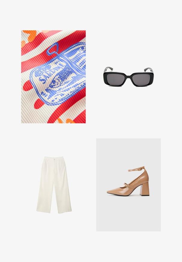 Next REGULAR FIT - RACER TANK SLEEVELESS - Top - white red; Helle Stoffhose mit weitem Bein und glatter Textur, ausgestattet mit einem einzelnen Knopf vorne, dezenten Falten und einem Hochbund-Design.; Beige Lackleder-Pumps mit spitzem Zeh, einem Knöchelriemen und einem massiven Quadratabsatz. Glatte Textur mit glänzender Oberfläche.; Schwarze rechteckige Sonnenbrille mit dunklen Gläsern, glattem Kunststoffrahmen und gebogenen Bügeln. Das Design ist klobig mit einer minimalistischen Ästhetik.