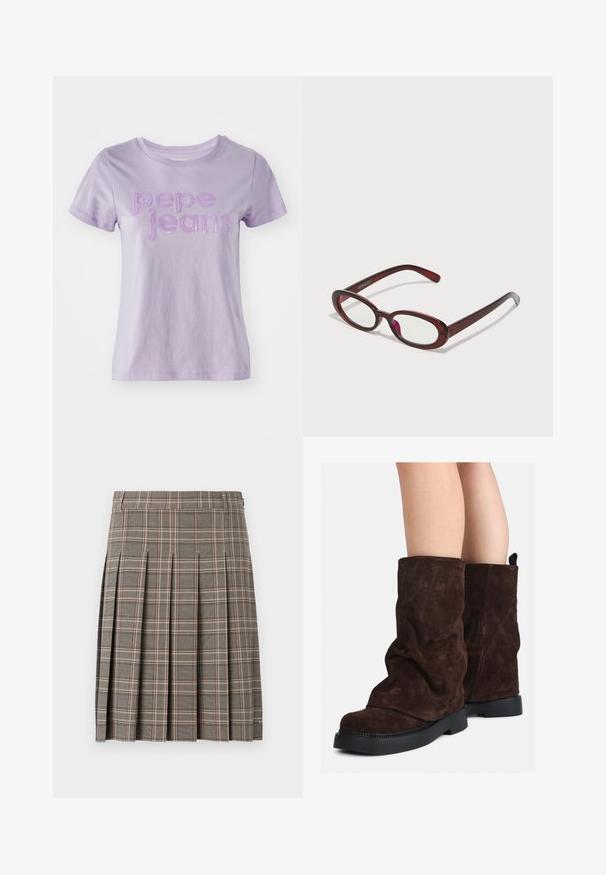 Fialové tričko s krátkým rukávem vyrobené z bavlny, s texturou purpurového písma "pepe jeans" na přední straně. Hladký povrch tkaniny.; Šedá kostkovaná sukně s puky, která obsahuje směs tmavých a světlých tónů a jemných růžových linií. Vyrobena z texturované látky s pasem.; Hnědé semišové kozačky po lýtka s černými gumovými podrážkami nošené na nahých nohách, s mírným pomačkáním na nohavicích.; Ovalo tvarované červené sluneční brýle s průhlednými skly a elegantními hnědými rámy. Design má jemné křivky a minimální hardware.