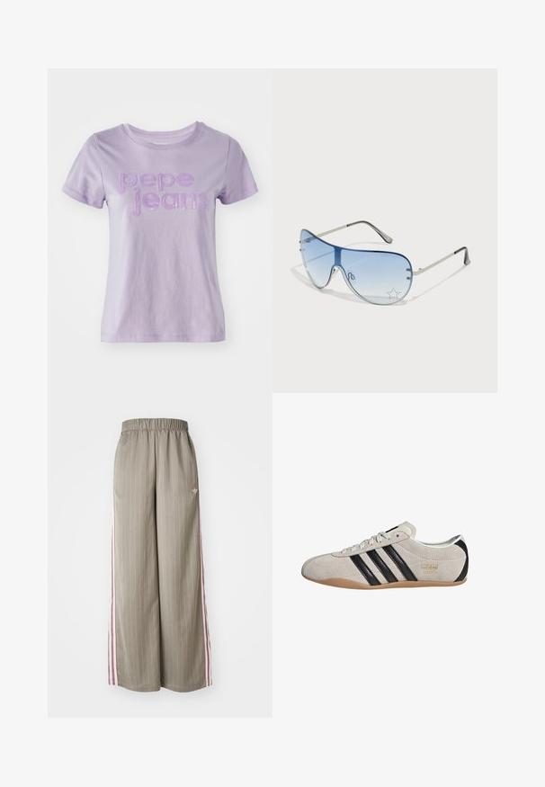 Fialová tričko s krátkym rukávom vyrobené z bavlny, na prednej strane s textúrovaným fialovým nápisom "pepe jeans". Hladký povrch látky.; Svetlo olivové nohavice s širokými nohavicami a vertikálnym pruhovaním, elastickým pásom a ružovými bočnými pruhmi. Obsahuje malé logo na boku.; Semišové tenisky so šedým zvrškom, čiernymi pruhmi a gumovou podrážkou. Majú šnurovanie a zlatý logový detail na boku.; Pilotné slnečné okuliare s prechodovým modrým sklom, strieborným kovovým rámom a ozdobnými hviezdičkovými akcentmi na sklách. Hladký a elegantný dizajn.; Strieborný náramok z reťazí s predĺženými článkami navrchu. Dole je farebný náramok z korálok s čiernymi, modrými, zelenými, žltými, červenými a priehľadnými korálkami.