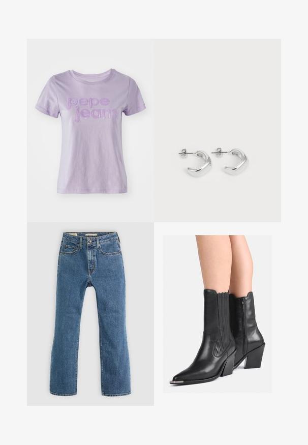 Svetlo-lila majica s kratkimi rokavi iz bombaža, na sprednji strani z reliefnim vijoličnim napisom "pepe jeans". Gladka tkanina.; Modri jeansi iz denima s ravnim krojem. Imajo pet žepov, standardno zapenjanje z gumbom in zadrgo ter opazne šive.; Črne usnjene škornje do meč z usnjenim konicami, zložene pete, stranskim zadrgo in dekorativnim šivom, nosijo na golih nogah.; Srebrni uhani v obliki obroča z gladko, polirano površino. Okrogla oblika s nekoliko ukrivljenim dizajnom in spojem robov. Zaponka za zaklepanje.