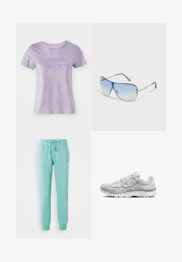 Šviesiai purpurinė trumpomis rankovėmis marškinėliai, pagaminti iš medvilnės, su tekstūruotais purpuriniais įrašais "Pepe Jeans" ant priekio. Lygus audinio paviršius.; Mėtyni žalios spalvos sportinės kelnės su elastinga juosta, raišteliu ir raukinėtais rankogaliais. Kairiajame šlaunyje yra mažas baltas Nike logotipas.; Šviesiai pilki sportiniai batai su tinkline ir sintetine viršutine dalimi, turintys raištelių užsegimą, paminkštintą apykaklę ir tekstūruotą padą geresnei sukibimo kokybei.; Aviatoriai akiniai su gradientiniais mėlynais objektyvais, sidabriniu metaliniu rėmu ir dekoratyvinėmis žvaigždžių akcentais ant objektyvų. Lygaus ir stilingo dizaino.