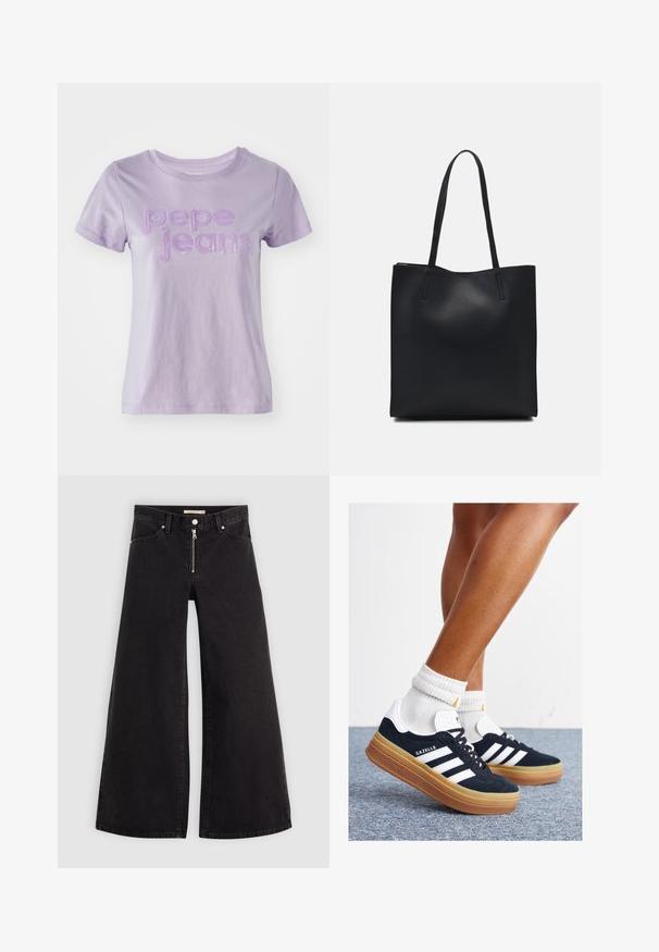Lilas kortermet t-skjorte laget av bomull, med "pepe jeans" i teksturert lilla skrift på forsiden. Glatt stofffinish.; Vide benbukser i sort denim med glidelås i front, fem-lomme design og subtile sømdetaljer. Glatt tekstur og avslappet stil.; Svarte sneakers i semsket skinn med hvite striper og detaljer, rund tå, yttersåle i gummigummi, kombinert med hvite ribbestrikkede crew-sokker.; Svart lær tote bag med glatt tekstur, rektangulær form og to lange håndtak. Ingen synlige deler eller dekorasjoner.