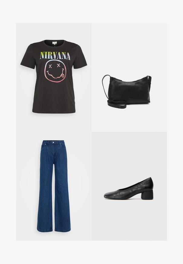 Must must t-särk mustast puuvillast, millel on mitmevärviline "NIRVANA" tekst, mis asub naeratava näo graafika kohal, millel on silmade jaoks X-id. Särk on lühikeste varrukatega ja ümmarguse kaelusega.; Laia siniste denimpükste kõrge vöökohaga, ees olevate taskute ja nupuvärgiga. Sile tekstuur, ilma nähtavate mustriteta.; Must musta kingadega, ümarate varvaste ja keskmise plokknõrga. Sile tekstuur, minimaalse kaunistusega, kergelt elastse avaga.; Mustmust nahk õlakotil on sile tekstuur, kumer kuju, reguleeritav rihm ja lukuga sulgemine. Minimalistlik disain ilma kaunistusteta.; Hõbedane kahekordne rõngas sujuva, poleeritud pinnaga. Omab voolavat, kõverat disaini, millel on kattuvad sektsioonid, et saavutada kaasaegne ilme.