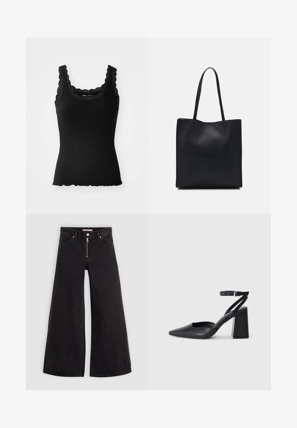 Top a canotta nera a righe con bordo in pizzo sul colletto e sulle spalle, caratterizzato da un orlo scallop e design aderente, realizzato in tessuto elasticizzato.; Jeans a gamba larga in denim nero con chiusura a zip, design a cinque tasche e dettagli di cucitura sottili. Texture morbida e stile casual.; Pump in pelle nera con punta affusolata, cinturino alla caviglia e tacco spesso. Texture piatta, design elegante ed estetica minimalista.; Borsa tote in pelle nera con texture liscia, forma rettangolare e due manici lunghi. Nessun hardware o decorazione visibile.