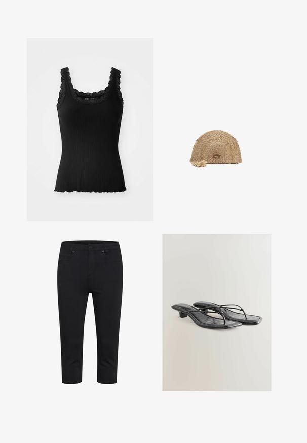 Black ribbed tank top with lace trim on neckline and shoulders, featuring a scalloped hem and fitted design, made from stretch fabric.; Black cropped slim-fit pants with front button, zipper closure, and front and back pockets, displayed on white background.; Black patent faux leather heeled sandals with a square toe, thin straps, and crocodile texture detailing. Low block heel design.; Woven straw handbag in a half-moon shape, featuring a textured surface, beige color, and a decorative tassel accent. Gold hardware logo detail.; Five bracelets: a dark wood bangle, two gold-tone metal chains, and two amber-colored resin rings with gold accents and smooth textures.