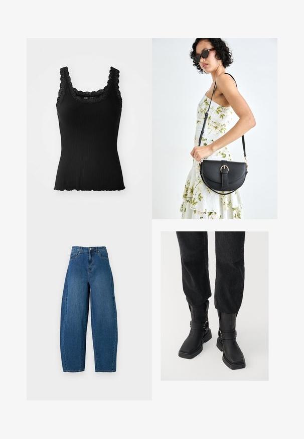 Svart ribbestrikket tanktopp med blonder på halslinja og skuldrene, med en scallop-finish og tettsittende design, laget av elastisk stoff.; Denimjeans i en middels blå vask, med høy midje, vide ben og standard fem-roms design med synlige sømdetaljer.; Sorte skinn ankelstøvler med firkantet tå, utstyrt med en bred stropp og metallspenne. Støvlene har en grov såle og glatt tekstur.; Svart lærveske med en buet form, avtagbar stropp og gullbeslag. Vesken har et klaff med spenne-detall.