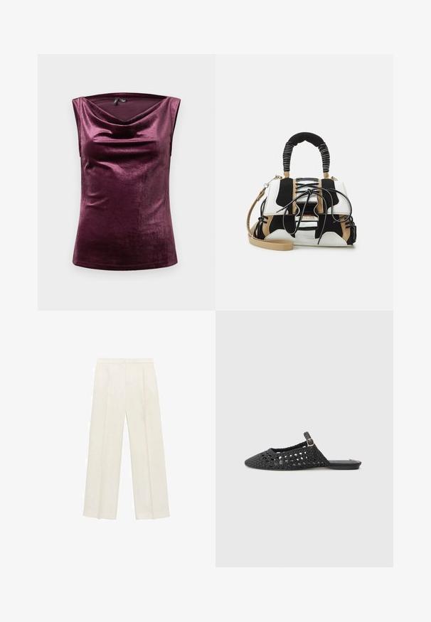 Saténový top bez rukávov v hlbokej burgundskej farbe s kaskádovým výstrihom a hladkou textúrou. Jednoduchý dizajn bez viditeľných vzorov alebo akcentov.; Široké nohavice vo svetlej krémovej farbe. Vyrobené z hladkej látky s skladmi vpredu a bočnými vreckami.; Čierne tkané slingback topánky s špicatou špičkou, textúrovaným materiálom, bočným detailom s prackou a plochou podrážkou.; Mnohofarebná taška cez rameno s čiernou, bielou a béžovou sieťou. Obsahuje štruktúrovanú rukoväť, dizajn so šnurovaním a odnímateľný ramenný popruh.