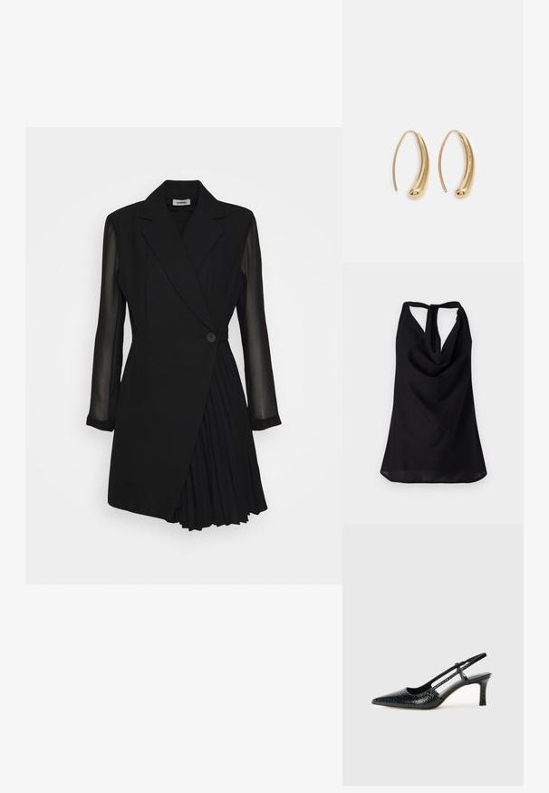 Juodas be rankovių topas su drapiruotu iškirpimu, žema nugaros dalimi su raišteliu ir plazdančia siluetu. Pagamintas iš lengvos medžiagos.; Juodas pritaikytas suknelė su švarkeliu primenančiu viršumi, permatomomis ilgomis rankovėmis, viena mygtuko uždarymo detalė ir raukšlėtu sijonu.; Juodai lakuoti slingback aukštakulniai su smailiu nosiu, su tekstūruotu gyvatės raštu, reguliuojama juosta ir trumpu, tekstūruotu blokiniu kulnu.; Juodas odinis per petį nešiojamas krepšys su dviem priekiniais kišenėmis, auksiniais sagtimis, užtrauktuko uždarymu ir siauromis petnešomis. Textūruota paviršius ir kompaktiškas stačiakampis formatas.; Auksinės metalinės auskarų kabės su lenktą, pailgą forma. Turi lygų, blizgantį paviršių ir užapvalintą galiuką papildomam akcentui.