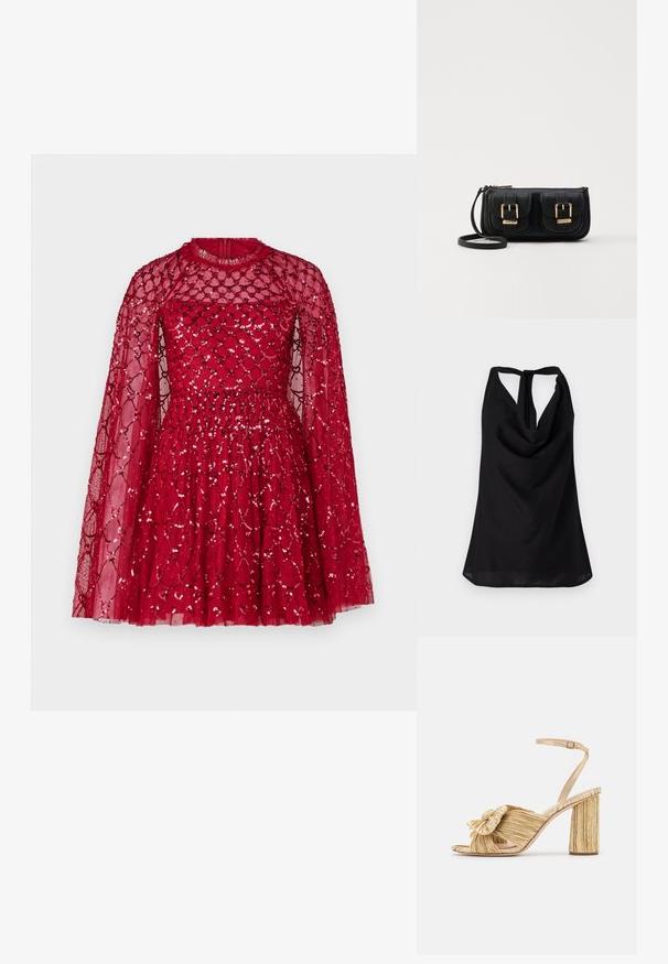 Black sleeveless top featuring a draped neckline, a low back with a tie closure, and a flowing silhouette. Made of lightweight fabric.; Red dress featuring a fitted bodice and flared skirt, made of sheer material with a diamond pattern and sequined accents, long cape sleeves.; Gold heeled sandals with a knotted front, pleated texture, and an ankle strap. The block heel has a ribbed design, enhancing grip.; Black leather crossbody bag with two front pockets, gold buckles, zipper closure, and a slim strap. Textured surface and compact rectangular shape.