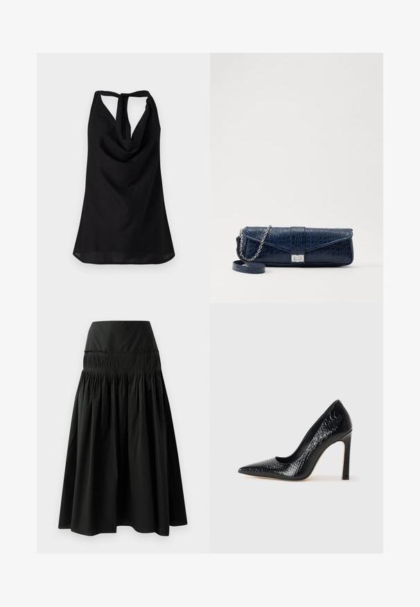Schwarzes ärmelloses Top mit einem drapierten Ausschnitt, einem tiefen Rückenausschnitt mit Bindegürtel und einer fließenden Silhouette. Aus leichtem Stoff gefertigt.; Schwarzer knielanger Rock aus glattem Stoff, mit einem taillierten Bund und gerafftem Design für Fülle.; Schwarzer, spitz zulaufender High Heel mit Krokodilleder-Struktur, elegantem Design, hohem Stiletto-Absatz und glattem schwarzen Innenraum.; Marineblaue Leder-Clutch mit Krokodilstruktur, silberner Kettenriemen und metallischem Verschluss. Rechteckige Form mit Umschlagdesign.