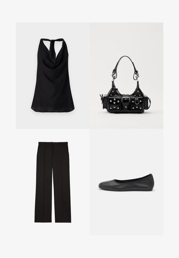Top senza maniche nero con scollo drappeggiato, schiena bassa con chiusura a fiocco e silhouette fluida. Realizzato in tessuto leggero.; Pantaloni neri su misura realizzati in un tessuto liscio, con un design a gamba dritta e due tasche laterali. Costruzione elegante e minimalista.; Pantofole da balletto nere in pelle con punta arrotondata, texture liscia, dettagli di cucitura minimi e design con suola flessibile.; Borsa a mano in pelle nera con design curvo, caratterizzata da borchie argentate, una fibbia e due tasche laterali. Tracolla regolabile per diverse opzioni di trasporto.