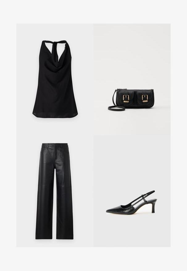 Zwarte mouwloze top met een gedrapeerde halslijn, een lage rug met een striksluiting en een vloeiende silhouwette. Gemaakt van lichtgewicht stof.; Zwarte leren broek met wijde pijpen en een gladde textuur, voorzien van voorzakken, een knoopsluiting en subtiele stiksels.; Zwart patent slingback hak met een spitse neus, voorzien van een gestructureerde slangenprint, verstelbare band en een korte, gestructureerde blokhak.; Zwarte leren schoudertas met twee vo pockets, gouden gespen, ritsluiting en een smalle band. Tekstuur oppervlak en compacte rechthoekige vorm.