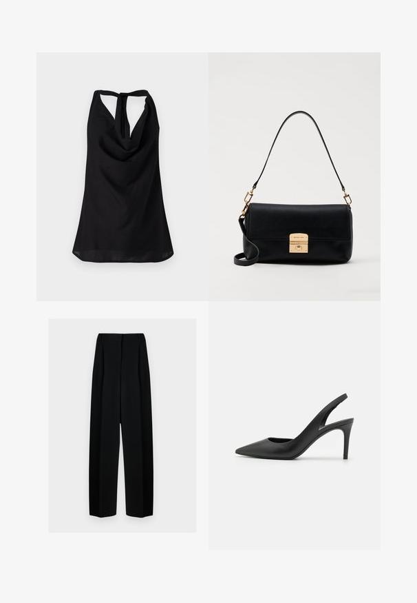 Top senza maniche nero con scollo drappeggiato, schiena bassa con chiusura a fiocco e silhouette fluida. Realizzato in tessuto leggero.; Pantaloni neri a gamba larga con vita alta, dotati di pieghe e una texture liscia. Il tessuto sembra leggero e si drappeggia in modo elegante.; Tacchi alti slingback in pelle nera con design a punta, caratterizzati da un'apertura frontale e un sottile tacco a stiletto.; Borsa in pelle nera con una forma rettangolare piatta, hardware dorato e manico superiore. Presenta una chiusura a scatto e un dettaglio con il logo distintivo.