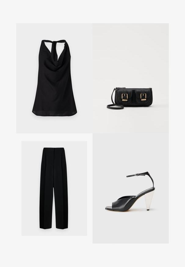 Mustan värinen hihaton toppi, jossa on laskostettu kaula-aukko, matala selkäsite ja virtaava siluetti. Valmistettu kevyestä kankaasta.; Mustat leveät housut korkealla vyötäröllä, joissa on laskokset ja sileä pinta. Kangas näyttää kevyeltä ja laskeutuu kauniisti.; Mustat nahkaiset korkokengät avonaisella varpaalla, epäsymmetrinen muotoilu, nilkkaremmi ja metallinen kartiomallinen korko. Tasainen pinta kauttaaltaan.; Musta nahkainen olkalaukku, jossa on kaksi etutaskua, kultaiset soljet, vetoketjukiinnitys ja kapea hihna. Teksturoidun pinnan ja kompaktin suorakaiteen muoto.