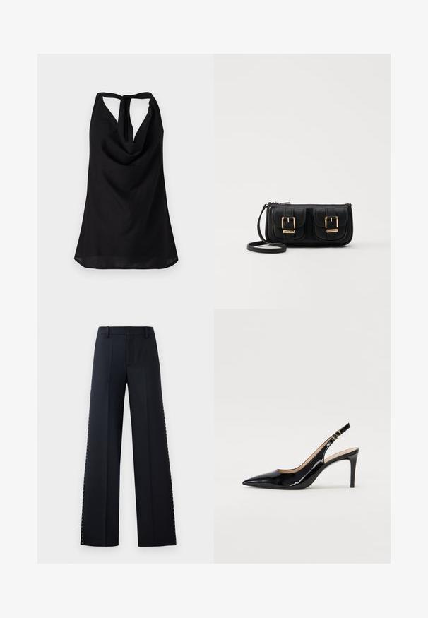 Black sleeveless top featuring a draped neckline, a low back with a tie closure, and a flowing silhouette. Made of lightweight fabric.; Wide-leg trousers in black. Tailored fit with a smooth texture. Features a row of metallic studs along the side seams for detail.; Black patent leather slingback pump with pointed toe, slim heel, and a subtle cutout design. Features a gold buckle on the strap.; Black leather crossbody bag with two front pockets, gold buckles, zipper closure, and a slim strap. Textured surface and compact rectangular shape.