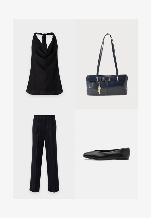 Schwarzes ärmelloses Top mit einem drapierten Ausschnitt, einem tiefen Rückenausschnitt mit Bindegürtel und einer fließenden Silhouette. Aus leichtem Stoff gefertigt.; Schwarz gestreifte Hose mit tailliertem Schnitt, mit einem umgeschlagenen Saum und vorderen Falten. Hergestellt aus glattem Stoff mit einer strukturierten Gestaltung.; Paul Smith TOPANGA - Klassischer Ballerina - black; Marineblaue Lederhandtasche mit zwei langen Griffen, einer Schnallen-Detailierung und einem daran befestigten Schlüsselanhänger. Besitzt eine glatte Textur und eine rechteckige Form.