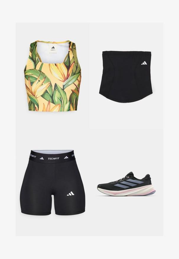 Yellow crop top featuring tropical leaf and flower print, made from smooth fabric with a rounded neckline and racerback design.; Black shorts made from stretchy fabric with a fitted design. Features a wide black waistband labeled "TECHFIT" and a white logo on the leg.; Black athletic shoes with a mesh upper, featuring gray stripes, a white midsole with pink accents, and a textured outsole.; Black athletic headband with a smooth texture, curved shape, and elastic top. Features a small white Adidas logo on the side.