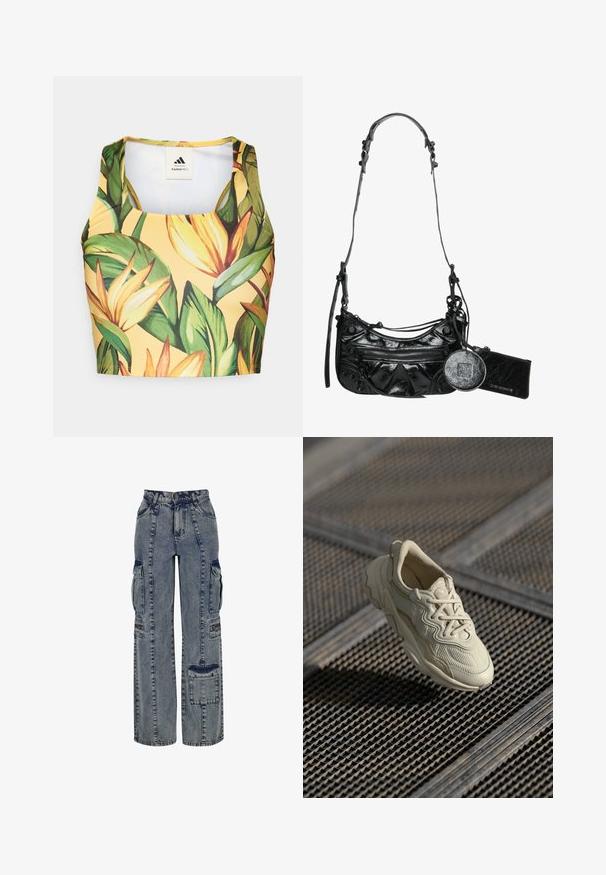 Yellow crop top featuring tropical leaf and flower print, made from smooth fabric with a rounded neckline and racerback design.; Denim cargo pants in light blue. Features wide legs, multiple side pockets, and contrasting dark denim accents. Structured with visible seams.; Beige sneaker with textured fabric, contrasting smooth accents, rounded sole, and laces, suspended above a gridded surface.; Black synthetic leather handbag featuring a curved design, zippered front pocket, and decorative hardware with a detachable round coin pouch.
