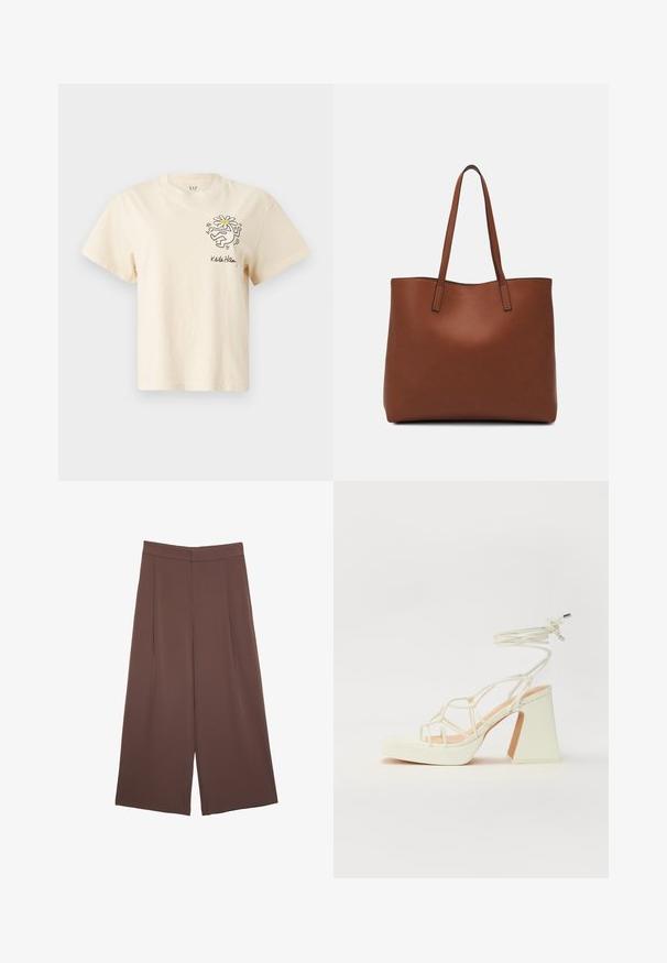 Krämfärgad bomull t-shirt med korta ärmar, rund halsringning och ett tryckt motiv av en figur som håller en blomma på vänster bröst.; Bruna vida byxor med en slät textur, som har hög midja och framfickor. Tyget är lätt och flödar löst.; Vit högklackad sandal med en kraftig klack, med ett remdesign och ankelband. Slät textur med en plattform framtill för ökad höjd.; Brun läder tote-väska med en slät textur, öppen toppdesign och två axelremmar. Har minimal söm och ingen synlig metalldetalj.