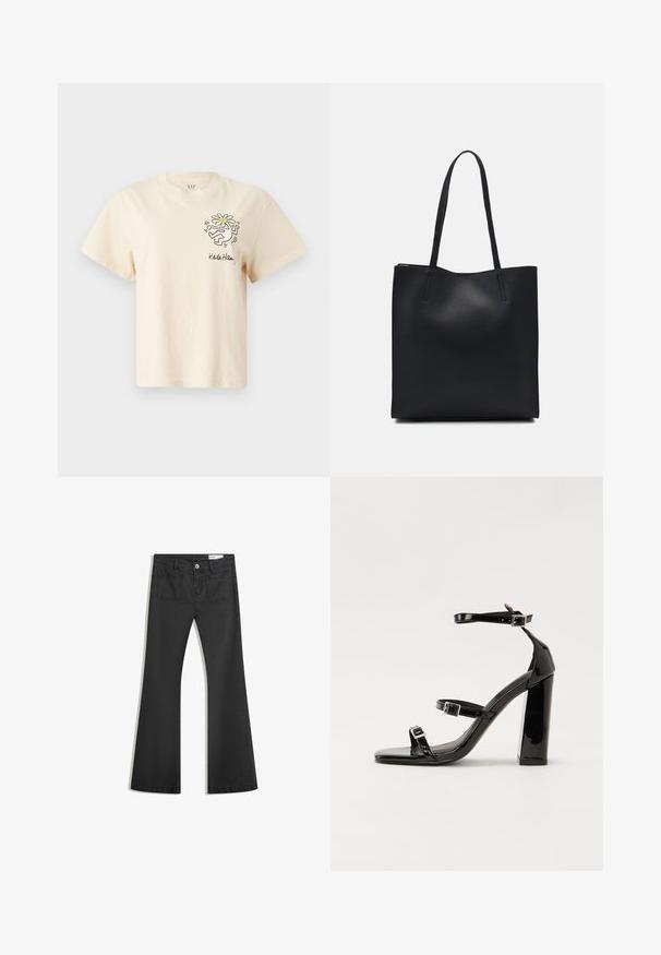 Krémové bavlnené tričko s krátkymi rukávmi, okrúhlym výstrihom a potlačou postavy s kvetom na ľavej strane hrudníka.; Čierne rozšírené džínsy vyrobené z denimu s hladkou textúrou, obsahujúce dve zadné vrecká a zapínanie na gombík v páse.; Čierne lakované sandále na podpätku so štvorcovou špičkou, navlečenými remienkami okolo členku a striebornými prackami. Disponujú masívnym blokovým podpätkom pre stabilitu.; Čierna kožená taška na rameno s hladkým povrchom, obdĺžnikovým tvarom a dvoma dlhými uchami. Bez viditeľného kovania alebo ozdôb.