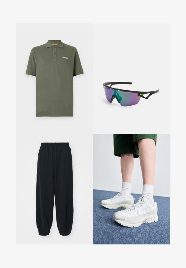 Polo em algodão verde-oliva com uma pala de três botões, mangas curtas e um pequeno detalhe de logótipo no peito. Textura suave, corte clássico.; Calças de fato de treino pretas, com cintura elástica e um corte solto, com punhos nas pernas, textura suave e sem padrões visíveis ou detalhes de metal.; Sapatos atléticos brancos com sobreposições texturizadas, sola espessa e detalhes em cinza. Usados com meias brancas até ao tornozelo e calções verdes sobre uma superfície azul.; Óculos de sol desportivos com uma armação preta, lentes grandes em degrade com tons de roxo e verde, e detalhes em design angular com logótipo.
