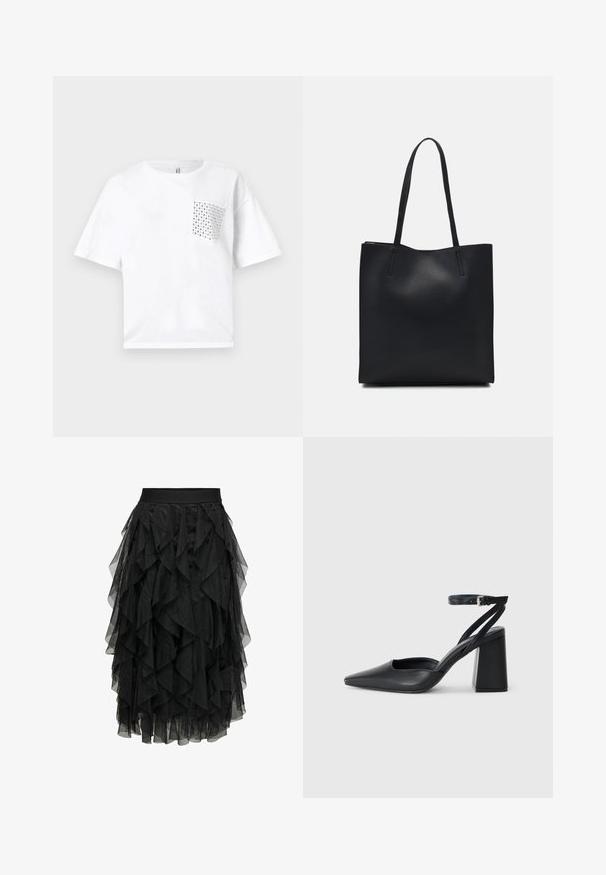 Tricou din bumbac alb cu mânecă scurtă, dotat cu un buzunar pătrat decorat cu detalii din metal argintiu pe partea stângă. Croială lejeră și design simplu.; Fustă midi neagră, confecționată din tul stratificat, cu un design volanat. Dispune de o talie elastică. Materialul transparent adaugă textură și mișcare.; Pantofii cu toc ascuțit din piele neagră, cu breteaua pentru glezne și toc gros. Textură netedă, design elegant și estetică minimală.; Geantă tote neagră din piele, cu textură netedă, formă rectangulară și două mânere lungi. Fără hardware vizibil sau ornamente.