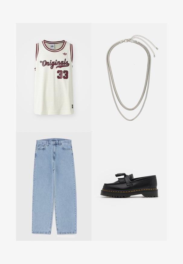 Jerseiul alb din plasă fără mâneci, cu accente în culoare maro, textul "The Originals", numărul 33 și un mic logo pe pieptul stâng.; Jeans din denim de culoare albastru deschis, cu un design cu picioare drepte, având talie medie, cinci buzunare și un sistem de închidere cu nasture și fermoar.; Mocasini din piele neagră cu un accent ciufulit, având o talpă groasă neagră și cusături galbene pe margine. Finisaj texturat.; Colier din metal argintiu în trei straturi, cu lanțuri elegante și flexibile, cu un ușor luciu, asigurat cu un închizător de tip homar și un lanț ajustabil.