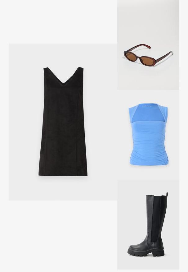 Mėlynas be rankovių viršus, pagamintas iš tamprios medžiagos su raukšlėmis šonuose tekstūrai sukurti. Priekyje yra tinklinis panele, lygus iškirpimas ir logotipo detalė.; Juoda be rankovių suknelė su V formos iškirpte, pagaminta iš minkštos medžiagos, turinti tiesų kirpimą ir minimalų dekoravimą. Lygus paviršius.; Juodi iki kelių aukščio batai, turintys lygaus odos paviršių ir kontrastingas elastines šonines panele. Masyvūs guminių padų su ryškiu protektoriumi.; APvalūs, rudos spalvos saulės akiniai su blizgia burgundinės spalvos rėmeliu. Plonos šakutės su subtiliu ženklinimu. Lygus objektyvo dizainas.; Austinta bordo spalvota odinė rankinė su apvalia forma, storu rankenu ir užtrauktuku. Turinti lygų paviršių ir persipynusį raštą.