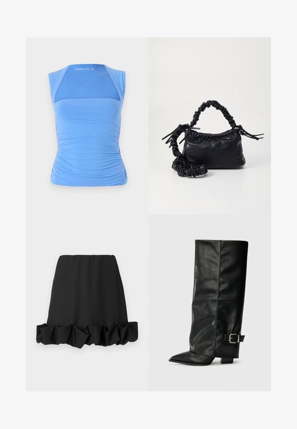 Sininen, hihaton pusero venyvää kangasta, jossa on kerrokselliset sivut tekstuuria varten. Etupuolella on verkkopaneeli, sileä kaula-aukko ja logoyksityiskohta.; Musta hame jossa on röyhelöreunus, valmistettu kevyestä kankaasta. Pystytettiin joustava vyötärö mukautuvaa istuvuutta varten. Yksinkertainen ja monikäyttöinen muotoilu.; Musta nahkasaappaat nilkkapituudella, teräväkärkiset, sileällä pinnalla ja hopeisella soljella sivussa. Tukeva neliönmallinen korko.; Must-have mustekahvi nahkalaukku krokotiiliaistalla, kiristetty yläosa ja rypistetty hihna. Näyttää pehmeältä ja kompaktilta muotoilultaan.