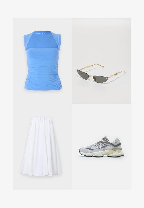 Top albastru, fără mâneci, realizat dintr-un material elastic, cu lateralele gathered pentru textură. Prezintă un panou din plasă în față, decolteu neted și detalii cu logo.; Fustă albă lungă până la gleznă, cu un elastic la talie, realizată dintr-un material ușor, cu o textură netedă și o siluetă fluidă.; Sneaker din suede gri și plasă, cu o talpă groasă albă și bej, având un logo alb proeminent și detalii accent roșii.; Ochelari de soare cu ramă aurie și lentile de un gri închis. Formă unică, tip cat-eye. Temele sunt decorate cu mărgele aurii alternative și accente de perlă.