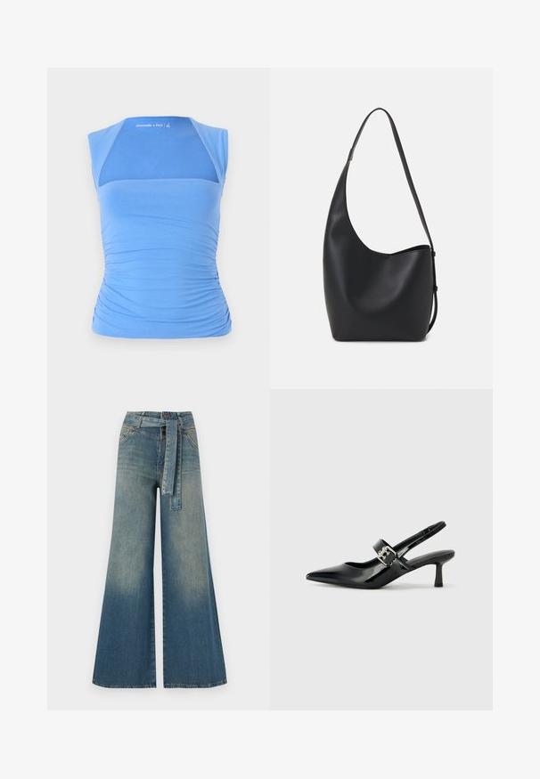 Top blu, senza maniche, realizzato in tessuto elasticizzato con lati arricciati per texture. Presenta un pannello in rete sulla parte anteriore, scollatura liscia e dettaglio del logo.; Pantaloni in denim a gamba larga con una sfumatura che va dal blu chiaro al blu scuro, vita alta, passanti per cintura e una cintura in tessuto coordinato. Finitura in denim strutturato.; Décolleté neri in vernice con punta affilata e tacco a blocco piccolo, dotati di un accentuato con fibbia argentata sulla cinturino.; Borsa hobo nera in pelle con una superficie liscia, forma curvata e una singola tracolla regolabile; presenta un'ampia apertura nella parte superiore.
