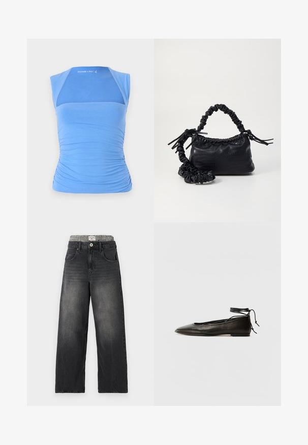 Blå, ærmeløs top lavet af strækbart stof med sammensnørede sider for tekstur. Har et meshniveau foran, glat halsudskæring og logo detalje.; Sorte denim bredbenede jeans med et houndstooth-mønster i taljen. Funktioner inkluderer sidelommer og en knaplukning. Slidt tekstur.; Sorte læder ballerinaer med spids tå, ankelbinding og flad sål, der har en glat tekstur og minimalistisk design.; Sort kunstlæder håndtaske med krokodilteksur, indsnøret top og en sammenkrøben rem. Ser blød og kompakt ud i designet.