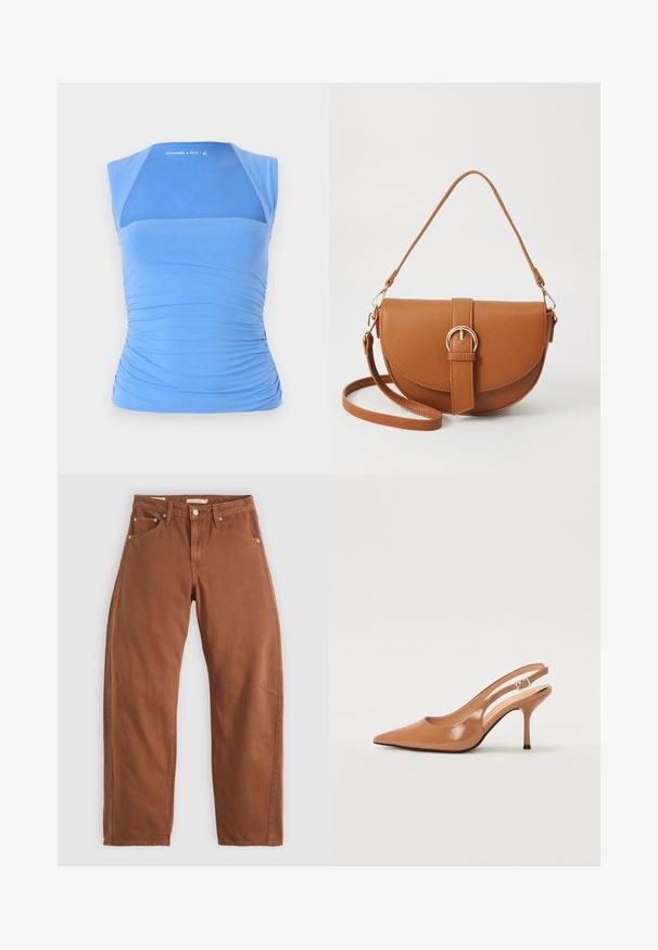 Blå, ermeløs topp laget av elastisk stoff med rynkede sider for tekstur. Har et mesh-panel på forsiden, glatt halslinning og logodetalj.; Rostbrune rett-skaftede jeans med front- og baklommer, metallnitter, knappeåpning og beltehemper, lagt flatt på en hvit bakgrunn.; Spiss tå slingback hæl i et glat, glinsende brunt materiale. Har et buet utskårent design og en slank stilett hæl. Sølvspenne detalj.; Brun lærcrossbody-veske med en buet form, gullhardware og et spenneakcent. Har en avtakbar skulderreim.