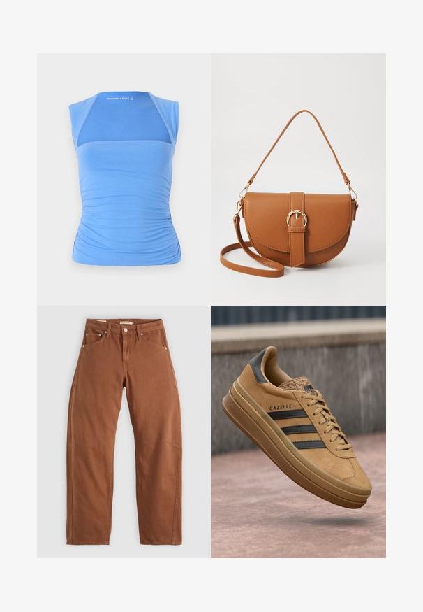 Blaues, ärmelloses Top aus dehnbarem Material mit gerafften Seiten für Textur. Verfügt über ein Netzpanel auf der Vorderseite, einen glatten Halsausschnitt und ein Logo-Detail.; Rostbraune gerade geschnittene Jeans mit Vorder- und Hintertaschen, Metallnieten, Knopfverschluss und Gürtelschlaufen, flach auf einem weißen Hintergrund ausgelegt.; Beige Wildledersneaker mit glatter Oberfläche, drei dunklen Streifen, abgerundetem Zehenbereich und einer dickeren Sohle mit strukturiertem Rand.; Braune Leder-Crossbody-Tasche mit geschwungener Form, goldfarbenen Beschlägen und einer Schnallenakzentuierung. Verfügt über einen abnehmbaren Schultergurt.