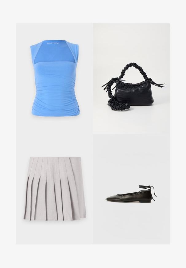 Μπλε, αμάνικο τοπ φτιαγμένο από ελαστικό ύφασμα με συρρίκνωση στα πλάγια για υφή. Διαθέτει πλέγμα στην μπροστινή μεριά, λείο μπούστο και λεπτομέρεια με λογότυπο.; Γκρι πλισέ φούστα με λεία υφή, που διαθέτει πολλαπλές κατακόρυφες πτυχές και εφαρμοστή μέση. Κατασκευασμένη από ελαφρύ ύφασμα.; Μαύρες δερμάτινες μπαλαρίνες με μυτερή μύτη, λουράκι γύρω από τον αστράγαλο και επίπεδη σόλα, με απαλό υλικό και μινιμαλιστικό σχέδιο.; Μαύρη τσάντα από faux δέρμα με υφή κροκοδείλου, κλειστή στο επάνω μέρος και με ρυτιδωμένο λουρί. Φαίνεται μαλακή και συμπαγής στο σχέδιο.