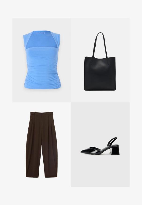 Blaues, ärmelloses Top aus dehnbarem Material mit gerafften Seiten für Textur. Verfügt über ein Netzpanel auf der Vorderseite, einen glatten Halsausschnitt und ein Logo-Detail.; Braune, hoch taillierte Hose mit Falten, aus glattem Stoff. Lässige Passform, gerade Beinform, mit Gürtelschlaufen und Reißverschluss.; Schwarze Lackleder-Slingback-High Heels mit spitzem Schuh und einem geometrischen Blockabsatz. Verfügt über ein schlankes, minimalistisches Design und eine glatte Textur.; Schwarze Laptoptasche aus Leder mit glatter Textur, rechteckiger Form und zwei langen Griffen. Keine sichtbaren Beschläge oder Verzierungen.