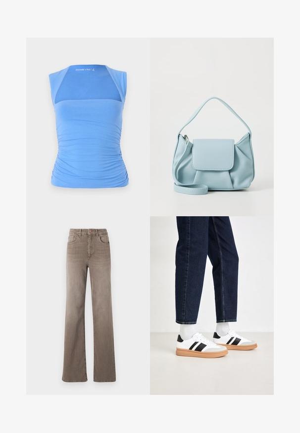 Blue, sleeveless top made of stretchy fabric with gathered sides for texture. Features a mesh panel on the front, smooth neckline, and logo detail.; Brown high-waist straight-leg jeans with front button, belt loops, and classic five-pocket design on a white background.; White sneaker with black stripes, textured rubber sole, and black heel accents. Paired with dark denim pants and white socks.; Light blue leather handbag with a top handle, front flap pocket, and detachable wrist strap on a white background.