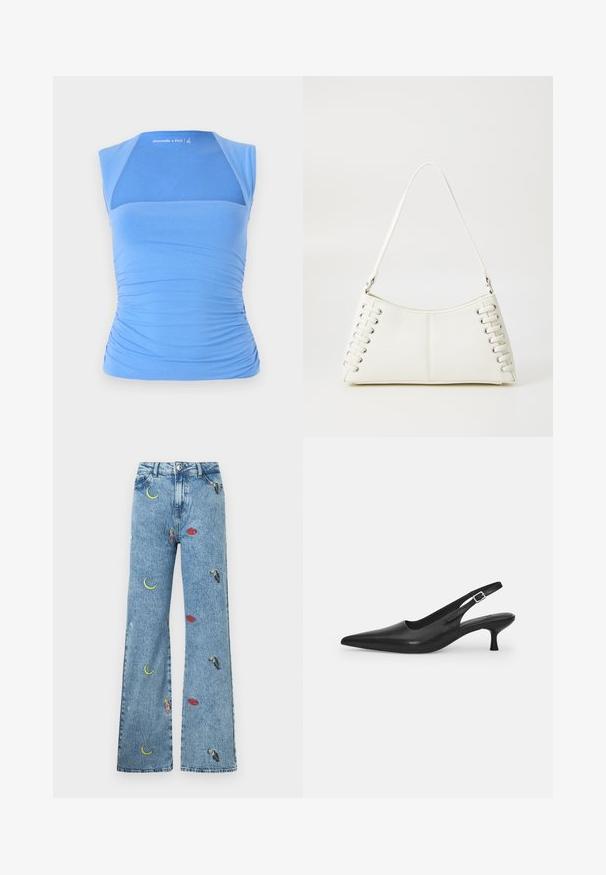 Mėlynas be rankovių viršus, pagamintas iš tamprios medžiagos su raukšlėmis šonuose tekstūrai sukurti. Priekyje yra tinklinis panele, lygus iškirpimas ir logotipo detalė.; Šviesiai mėlynos džinsinės kelnės su plačia kojų dalimi, papuoštos spalvingais siuvinėjimais, vaizduojančiais mėnulius, lūpas ir tukanus.; Juodos odinės slingback bateliai su smailiu nosiu ir plonu, lenktu kulnu. Yra diskretiška reguliuojama juostelė su metaliniu sagtimi.; Balta veganiška odinė rankinė su išlenktu dizainu, turinti dekoratyvinį virvės raištį šonuose ir vieną petį ilgo diržo.