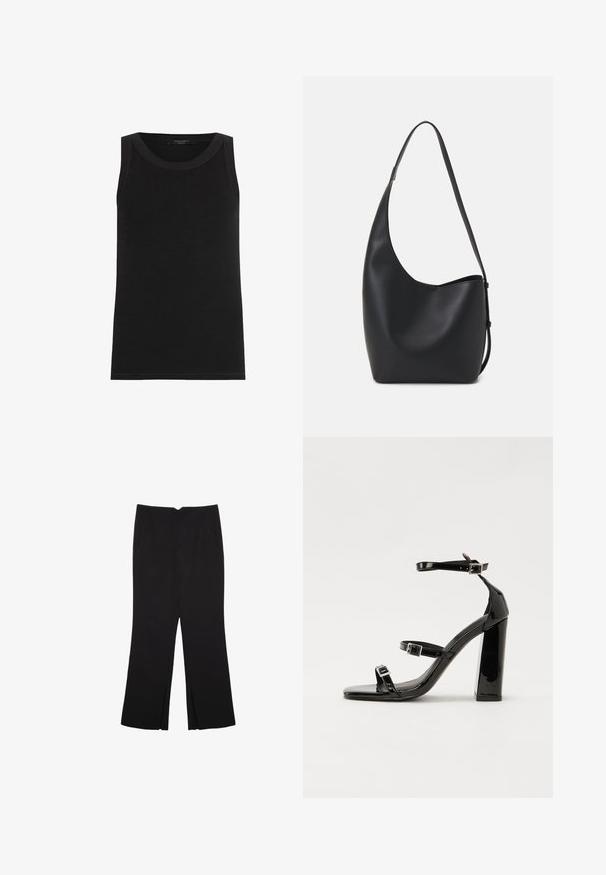 AllSaints RINA - Top - black; Čierne nohavice so strihom rovného strihu, s prednými vreckami a bočnými rozparkami na leme. Vyrobené z mäkkej, hladkej tkaniny. Vhodné na rôzne príležitosti.; Čierne lakované sandále na podpätku so štvorcovou špičkou, navlečenými remienkami okolo členku a striebornými prackami. Disponujú masívnym blokovým podpätkom pre stabilitu.; Čierna kožená hobo taška so hladkou textúrou, zakriveným tvarom a jedným nastaviteľným popruhom; má široké otvorenie na vrchu.