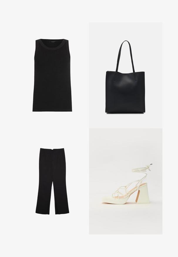 AllSaints RINA - Top - black; Schwarze Hose mit geradem Schnitt, ausgestattet mit Fronttaschen und Seitenschlitzen am Saum. Hergestellt aus weichem, glattem Stoff. Geeignet für verschiedene Anlässe.; Weiße High-Heel-Sandale mit einem klobigen Absatz, die über ein Riemchendesign und ein Knöchelband verfügt. Glatte Textur mit einer Plattform vorne für zusätzliche Höhe.; Schwarze Laptoptasche aus Leder mit glatter Textur, rechteckiger Form und zwei langen Griffen. Keine sichtbaren Beschläge oder Verzierungen.