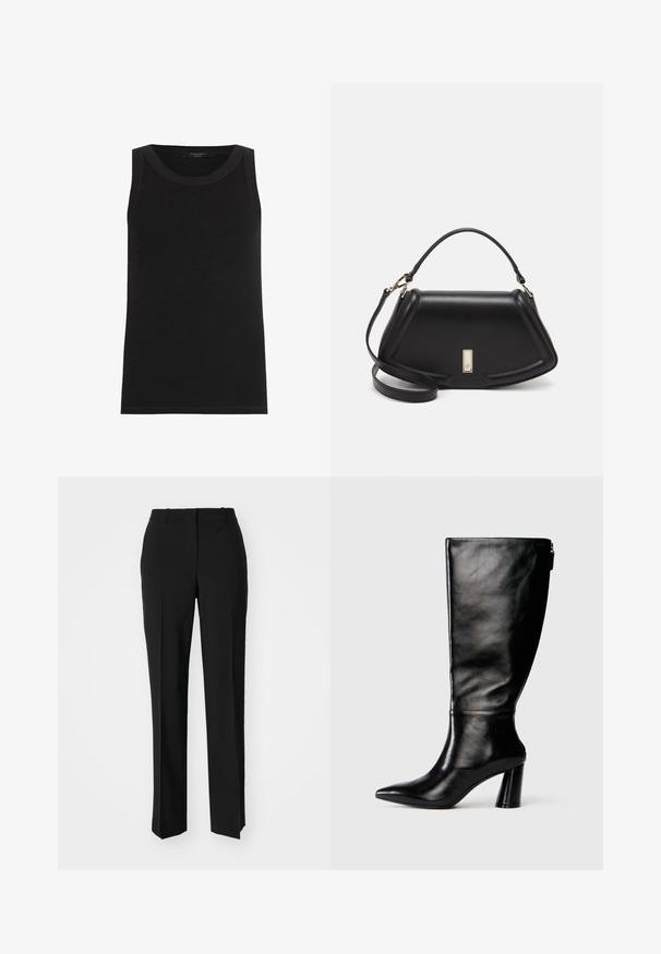 AllSaints RINA - Tops - black; Melnas pielāgotas bikses ar taisnu kāju dizainu, kas raksturojas ar gludu faktūru un asiem krokām pa priekšu. Nav redzamu metāla detaļu.; Ceļgala augstumā melnas ādas zābaki ar saplacinātu purngalu, gludu tekstūru un masīlu papēdi. Aizmugurē ir rāvējslēdzēja detalizācija.; Melnas ādas roku soma ar struktūru, ar īsu formu, augšējo rokturi un zelta aksesuāriem. Iekļauta regulējama plecu siksna.