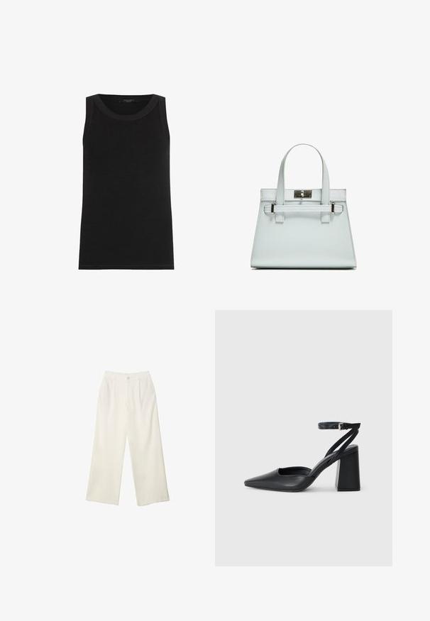 AllSaints RINA - Linne - black; Breda byxor i krämfärgad tyg med en mjuk yta, med en enda knapp fram, subtila veck och en hög midja design.; Svart läderpumps med spetsig tå, ankelrem och kraftig klack. Slät textur, stilren design och minimalistisk estetik.; Ljusblå handväska med strukturerad design, två handtag och ett clasps i silverfärgad metall. Texturerat material och skarpa hörn.