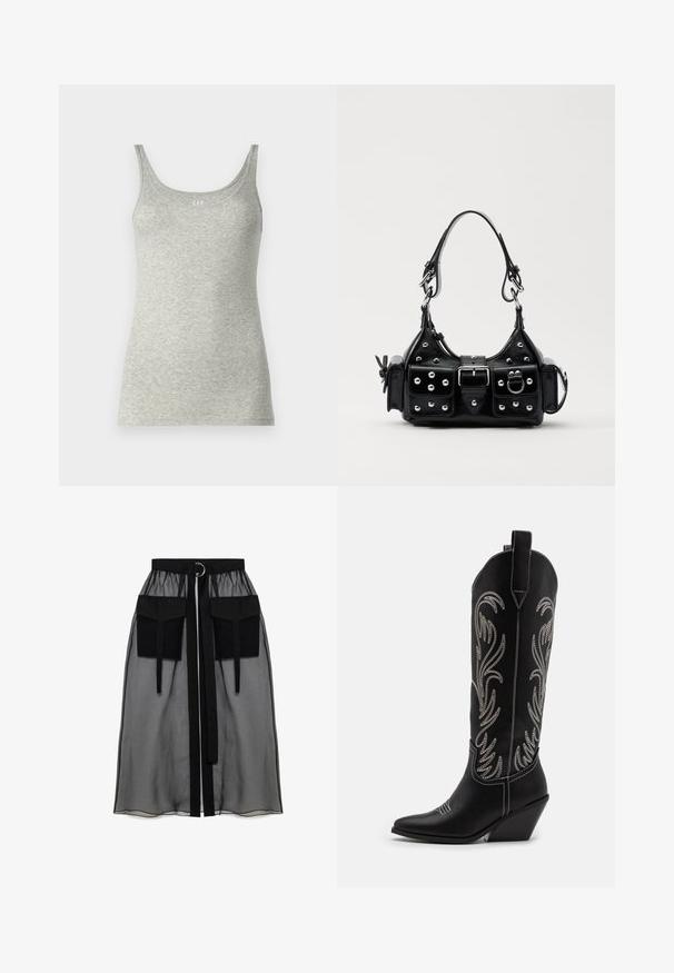 Hallin hõbedane särk, mis on valmistatud pehmest jersey kangast, millel on ümara kaelaaugu ja õhukesed rihmad. Minimalistlik disain, millel ei ole mustreid ega aktsente.; Must mustriga seelik, millel on kogutud vöökoht, kaks suurt esitaskut, vöötie ja ringikujuline metallaktsent.; Mustad mustad nahast cowboy saapad terava ninaga, vööndkanna ja hõbedaste tikanditega lillemustritega varred. Kontrastõmblused üle kogu.; Must värvi nahast käekott, millel on kaarjas disain, hõbedased nupukesed, kinnitusahe ja kaks külgtaskut. Reguleeritav rihm erinevate kandmisvõimaluste jaoks.