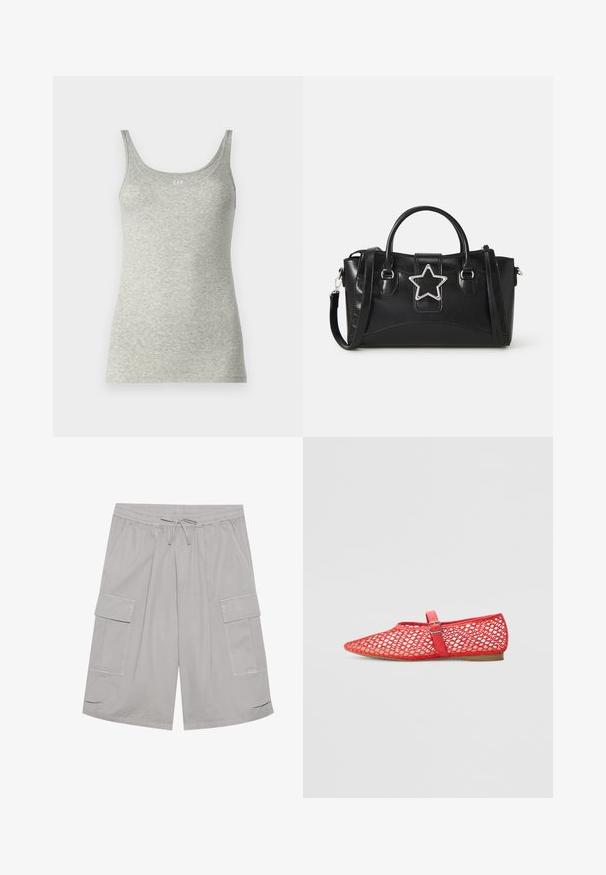 Sivý tielko vyrobené z jemného jersey materiálu, s vykrojeným výstrihom a tenkými ramienkami. Minimalistický dizajn bez vzorov alebo akcentov.; Sivé cargo šortky s elastickým pásom, sťahovacou šnúrkou, dvoma bočnými vreckami a dvoma veľkými cargo vreckami. Hladká textúra látky.; Červené, sieťované ploché topánky s otvoreným vzorom, špicatou špičkou a nastaviteľným remienkom s kovovou prackou na priehlavku.; Čierna kabelka vyrobená z umelého kože s hviezdicovým strieborným akcentom, dvojitými rukoväťami a nastaviteľným ramenným popruhom.