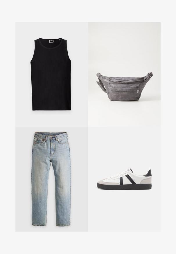 Sort ribbet tanktop med rund hals, uden ærmer og blødt, tekstureret stof. Har en lige kant og minimal branding.; Lysblå denim jeans med høj talje, frontknap, lynlås og fem-lomme design, lagt fladt på en neutral baggrund.; Hvide sneakers med sorte og grå detaljer, med en tekstureret grå tåhætte, sort gummisål og flade hvide snørebånd. Rent design, minimalistisk stil.; Grå suedefanny pack med en rund form, to lynlåslommer og justerbart strop. Har metalhardware detaljer.