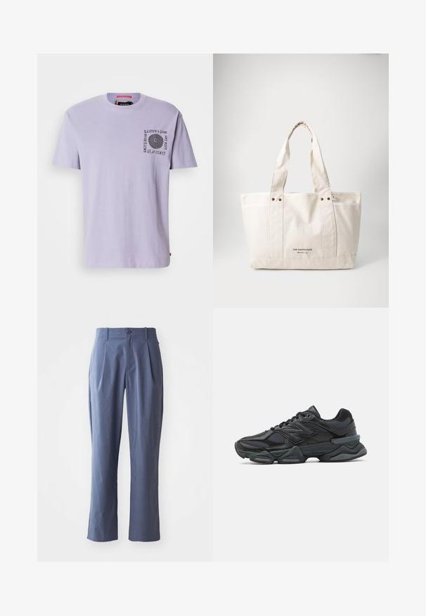 Lavender cotton t-shirt with crew neckline, short sleeves, and a black spiral graphic on the left chest. Tag visible at the neck.; Navy blue trousers with pleats, straight cut, made of lightweight fabric, featuring a single front button closure and belt loops.; Black running shoe featuring a mix of mesh and synthetic materials, chunky sole, curved design, and prominent branding on the side.; Canvas tote bag in light beige with two sturdy handles, contrasting white trim, and logo "THE NORTH FACE" in black at the front.