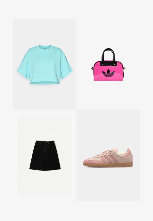Cropped t-shirt in light turquoise, made of soft cotton. Features a round neckline and wide short sleeves. Smooth texture with minimal stitching.; Black denim shorts with a loose fit, featuring five pockets, yellow stitching accents, and a mid-rise waist design.; adidas Originals SAMBA OG - Trainers - quartz/mauve; Pink patent handbag with a black logo and handles, featuring a rounded shape and zipper closure. Glossy texture enhances visibility.
