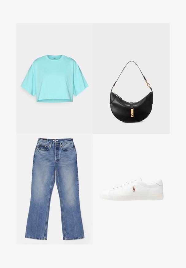 Šviesiai turkio spalvos trumpas marškinėliai, pagaminti iš minkštos medvilnės. Turi apvalią iškirptę ir plačias trumpas rankoves. Lygus paviršius su minimaliais siūlėmis.; RE/DONE LOOSE - Šiek tiek platėjantys apačioje džinsai - hacienda; Baltos odinės sportbačiai, žemo profilio, su lygia tekstūra, apvalia nosimi, raištelių sistema priekyje ir mažyte siuvinėta logo šone.; Juodos odos rankinė pusmėnulio forma. Papuošta auksinėmis detalėmis ir siaura juosta. Lygi tekstūra, užtrauktuko uždarymas viršuje.