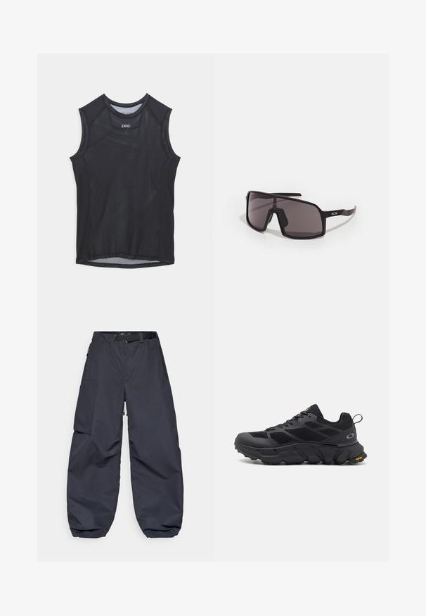 Top atletico senza maniche di colore nero, con tessuto a rete, scollatura rotonda e fori per le braccia rinforzati. Design minimalista con branding discreto.; Pantaloni cargo grigi scuri realizzati in un materiale morbido e resistente. Presentano una vestibilità ampia e comoda, numerose tasche e una cintura in vita per la regolazione.; Scarpe sportive nere con suola spessa, tomaia in rete e materiale sintetico, dettagli testurizzati e marchio Vibram sulla suola.; Occhiali da sole rettangolari neri con lenti scure, montatura larga e bracci sottili neri. Presentano un logo sulle astine. Texture liscia.
