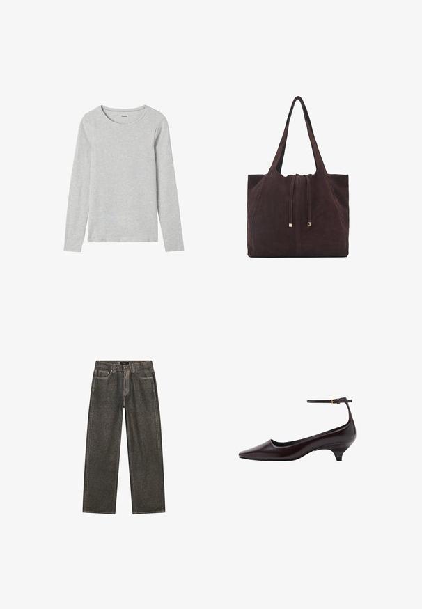 Šedá polokošile s dlouhým rukávem vyrobená z lehké bavlněné směsi, s kulatým výstřihem a hladkým povrchem bez vzorů nebo akcentů.; Tmavě šedé široké džíny vyrobené z denimu, se klasickým pětipocketovým designem, pevným šitím a zipem s knoflíkovým zapínáním.; Tmavě hnědá kožená botička na drobném podpatku s špičatou špičkou, tenkým kotníkovým páskem a malou zlatou přezkou.; Mango Velká kabelka - dark brown